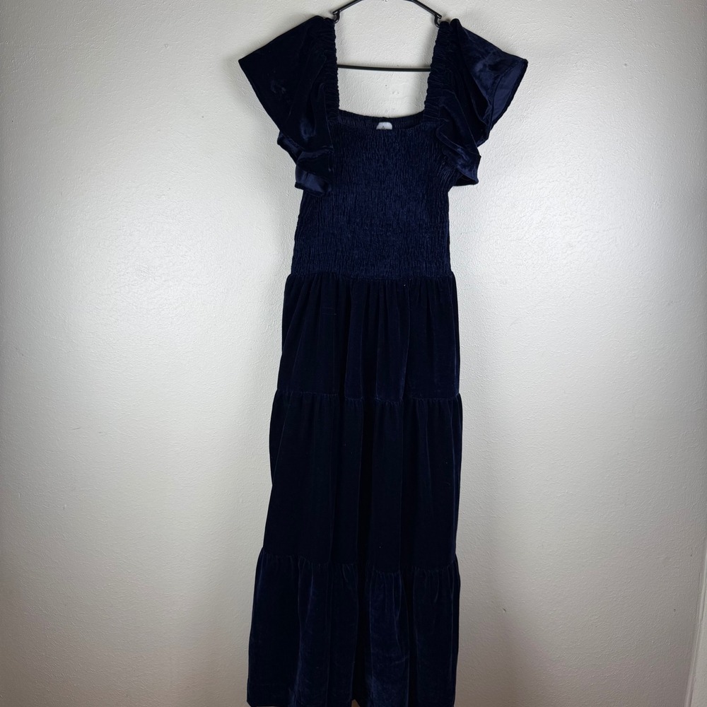 Oak Lane Navy Blue Velvet Smocked Maxi Dress Flutter Sleeve Tiered Womens Medium
